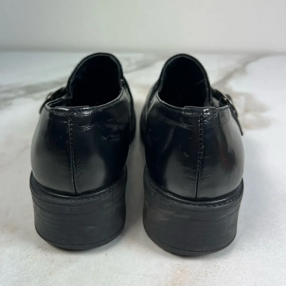 Made in Italy Y2K Black Leather Square Toe Chunky Heel Slip On Loafers, Sz 2.5-3